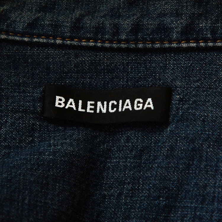 Pre Owned Balenciaga Indigo Logo Embroidered Rustic Denim Short Sleeve Shirt M