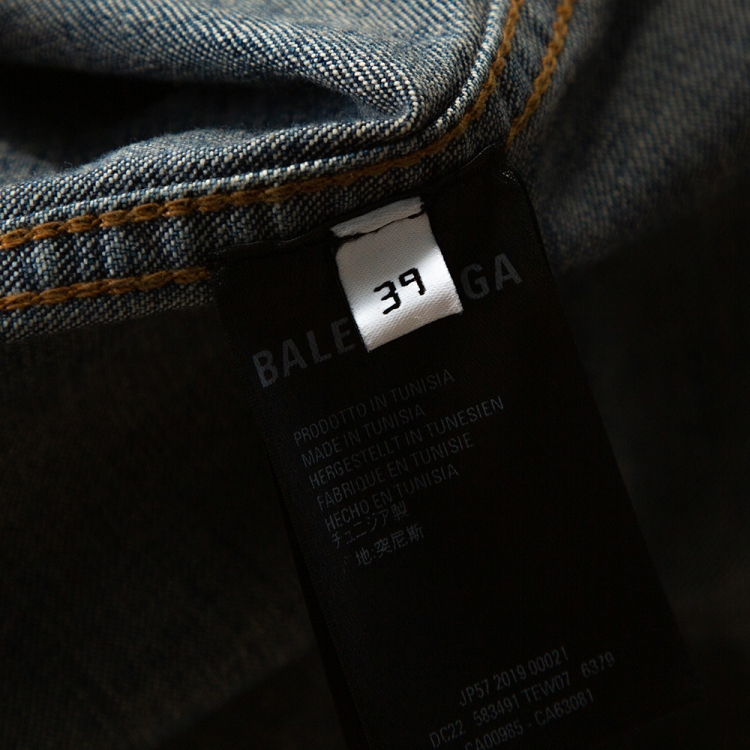 Pre Owned Balenciaga Indigo Logo Embroidered Rustic Denim Short Sleeve Shirt M