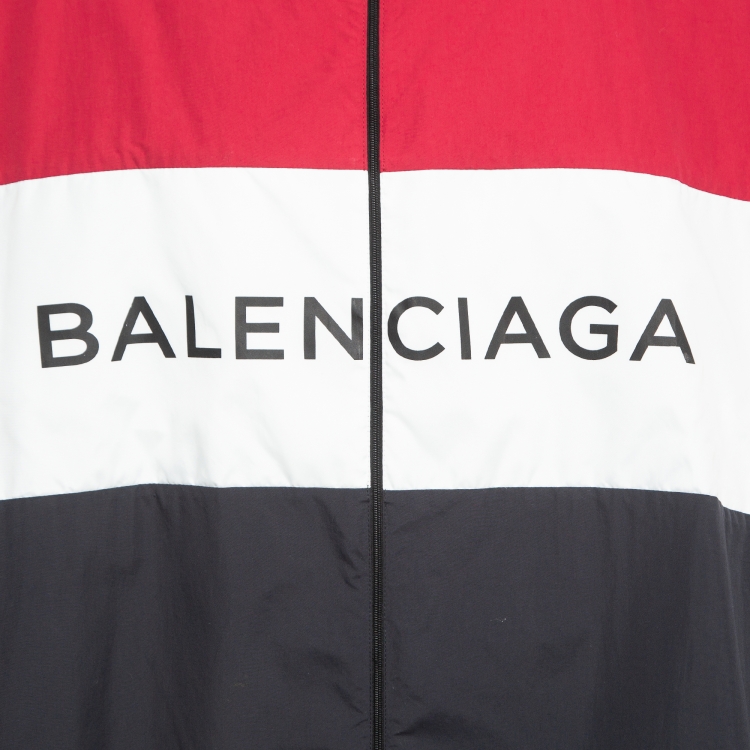 Pre Owned Balenciaga Multicolor Logo Print Nylon Zip Front Drawstring Hem Oversized Jacket XXS