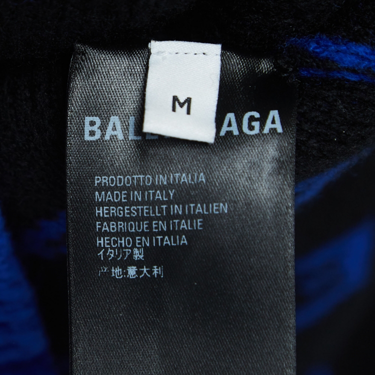 Pre Owned Balenciaga Blue Logo Jacquard Wool Knit Sweater M