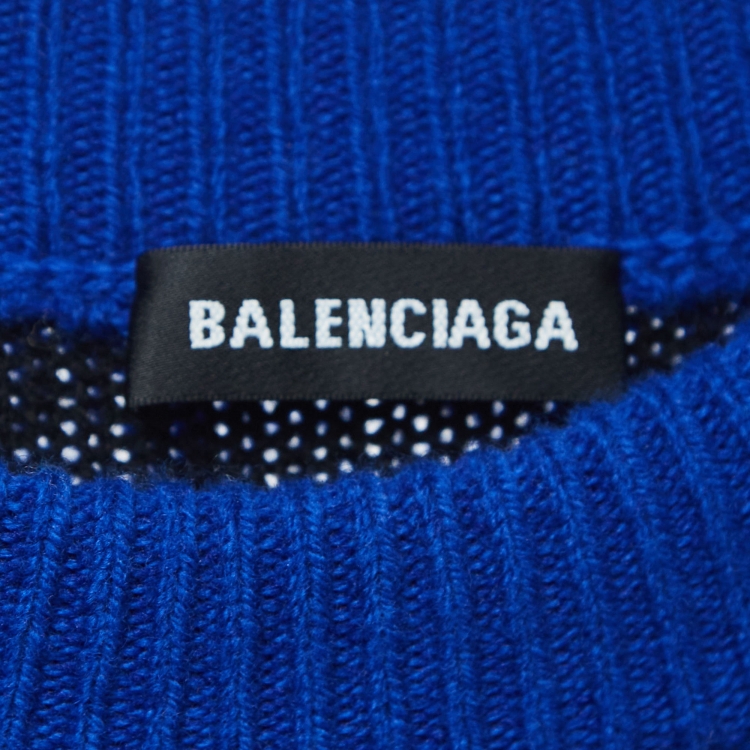 Pre Owned Balenciaga Blue Logo Jacquard Wool Knit Sweater M
