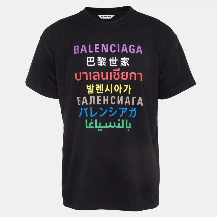 Pre Owned Balenciaga Black Logo Print Cotton Crew Neck T-Shirt L