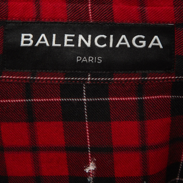Pre Owned Balenciaga Red Logo Printed Plaid Cotton Oversized Shirt M