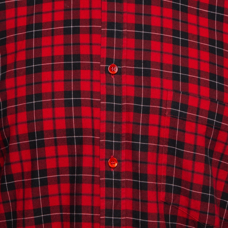 Pre Owned Balenciaga Red Logo Printed Plaid Cotton Oversized Shirt M