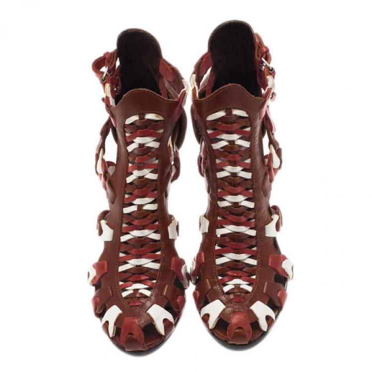 Pre Owned Balenciaga Brown Leather Cage Ankle Booties Size 38