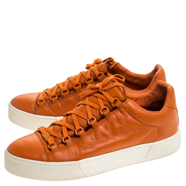 Pre Owned Balenciaga Orange Leather Lace Up Hi Top Sneakers Size 43