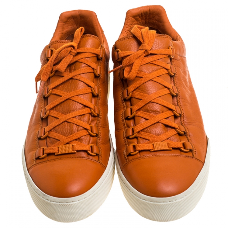 Pre Owned Balenciaga Orange Leather Lace Up Hi Top Sneakers Size 43