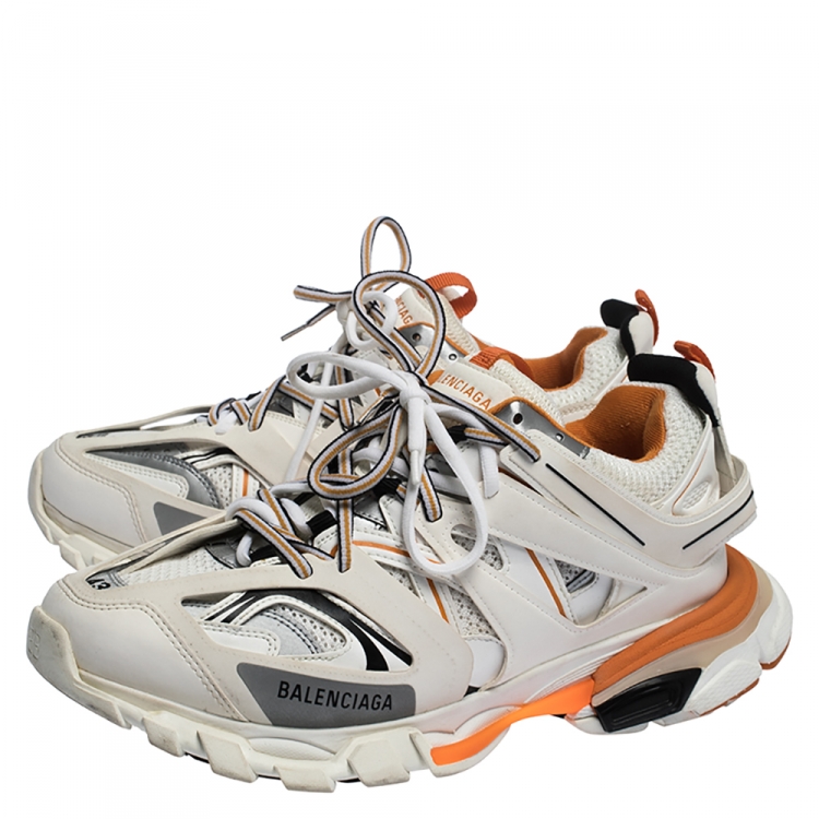 مملوكة مسبقًا Balenciaga White/Orange Mesh Fabric and Leather Track Lace Up Sneakers Size 43