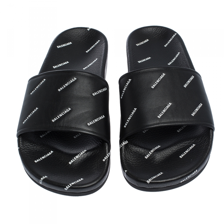 Pre Owned Balenciaga Black Leather Logo Stamped Slide Sandals Size 41