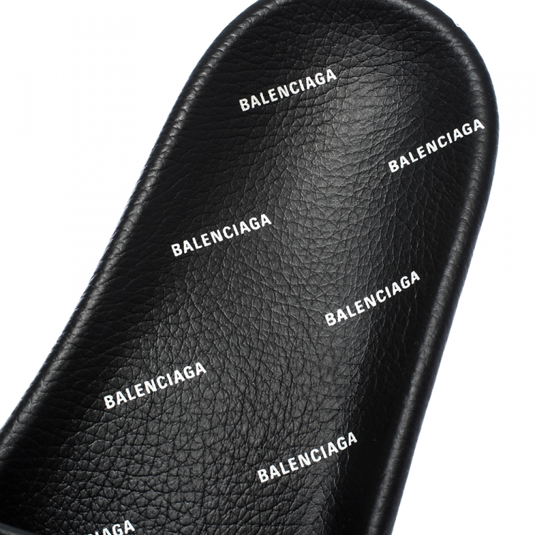 Pre Owned Balenciaga Black Leather Logo Stamped Slide Sandals Size 41