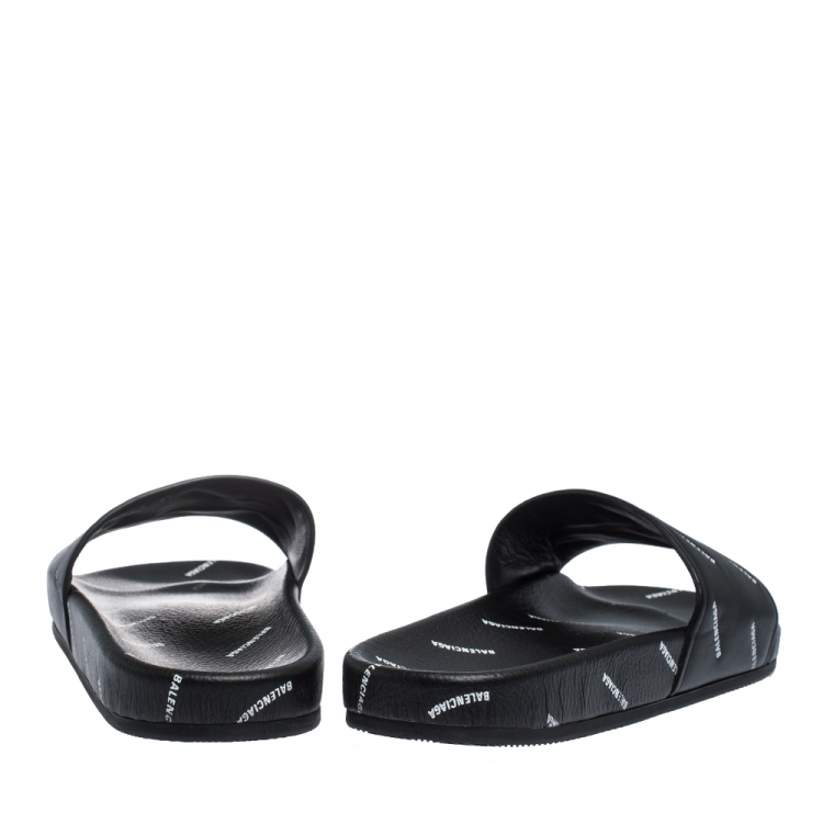 Pre Owned Balenciaga Black Leather Logo Stamped Slide Sandals Size 41