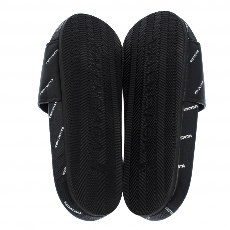 Pre Owned Balenciaga Black Leather Logo Stamped Slide Sandals Size 41