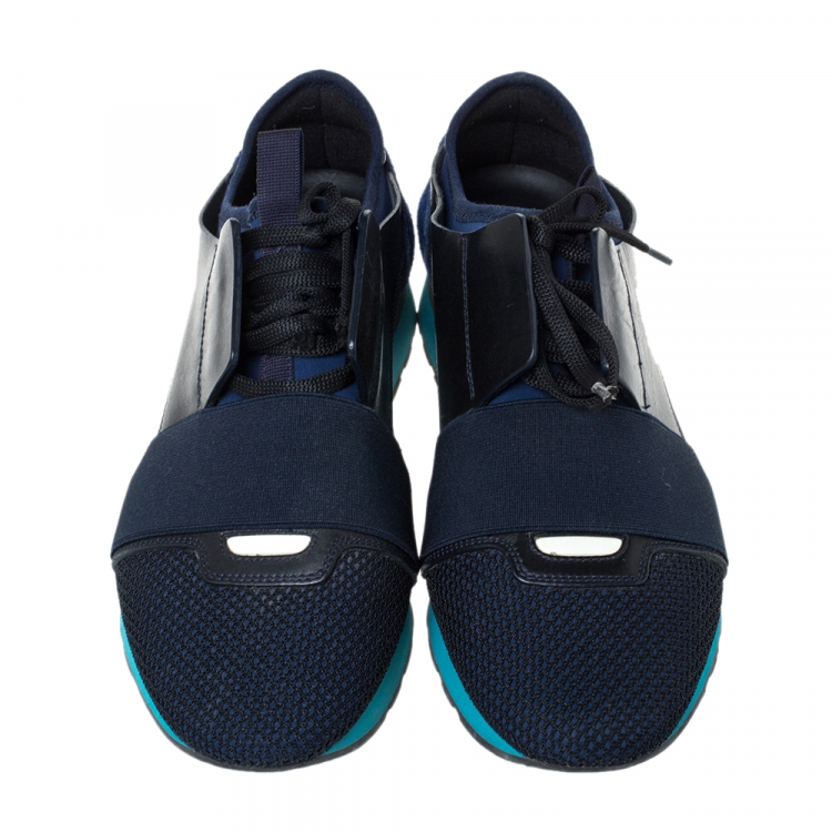 Pre Owned Balenciaga Blue/Black Leather And Mesh Race Runners Sneakers Size 40