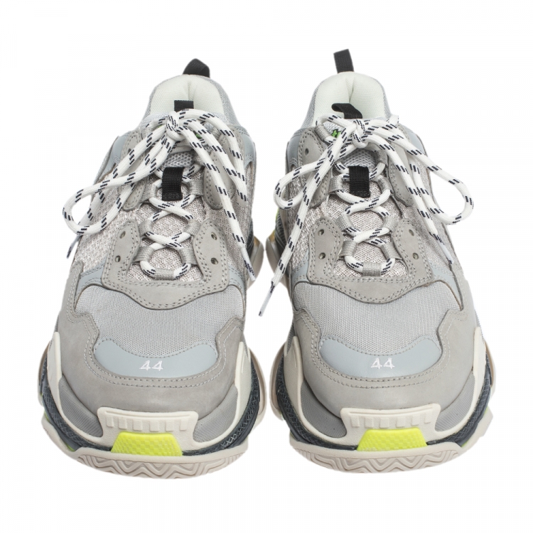 Pre Owned Balenciaga Grey/Neon Mesh, Nubuck And Leather Triple S Platform Sneakers Size 44