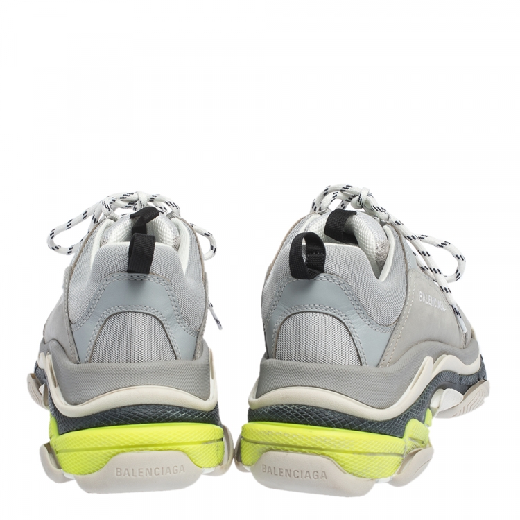 Pre Owned Balenciaga Grey/Neon Mesh, Nubuck And Leather Triple S Platform Sneakers Size 44