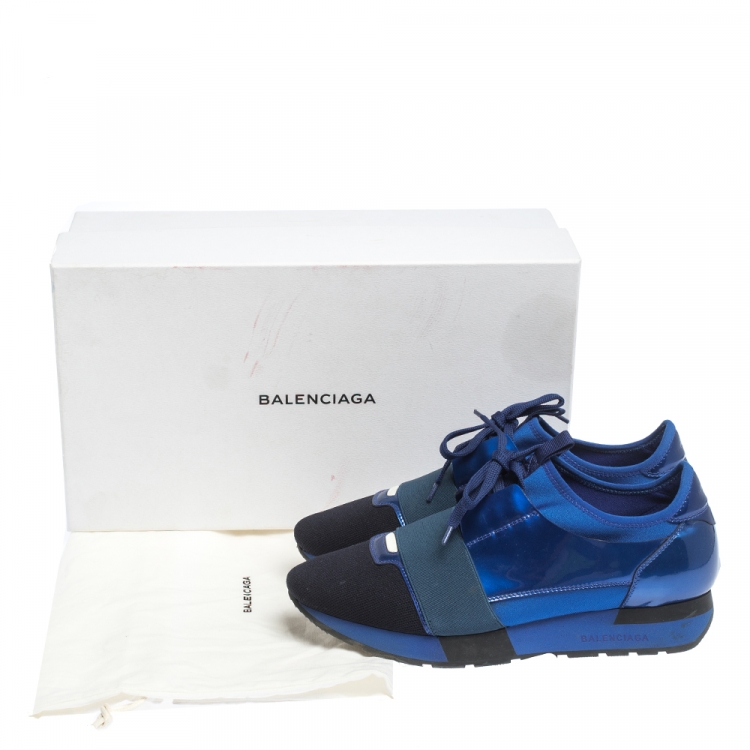 Pre Owned Balenciaga Blue/Black Leather And Mesh Race Runners Sneakers Size 40