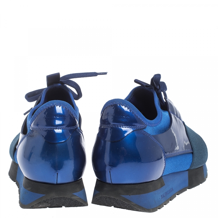 Pre Owned Balenciaga Blue/Black Leather And Mesh Race Runners Sneakers Size 40