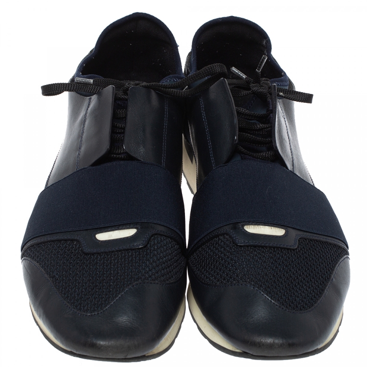 Pre Owned Balenciaga Blue Leather And Mesh Race Runner Low Top Sneakers Size 45