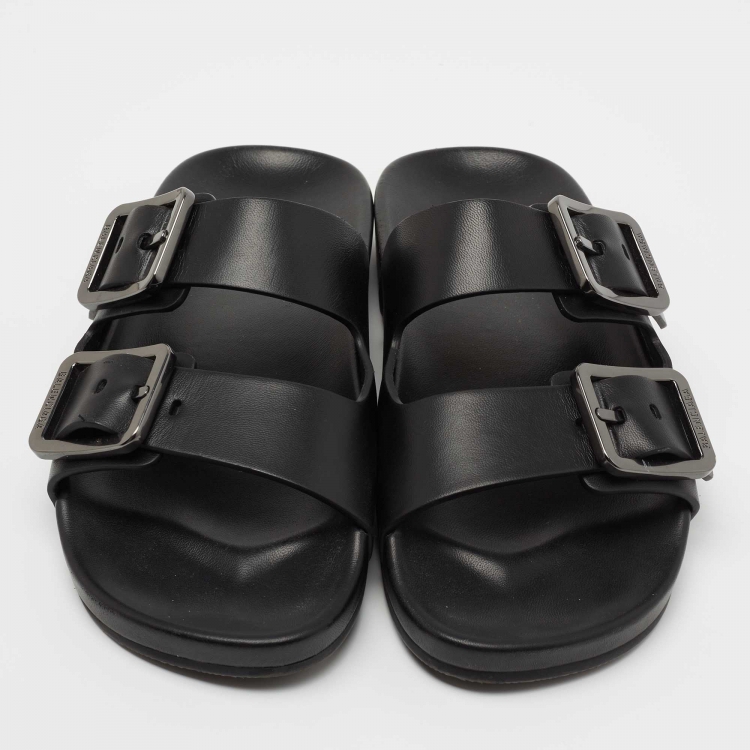 Pre Owned Balenciaga Black Leather Double Buckle Flat Slides Size 40 