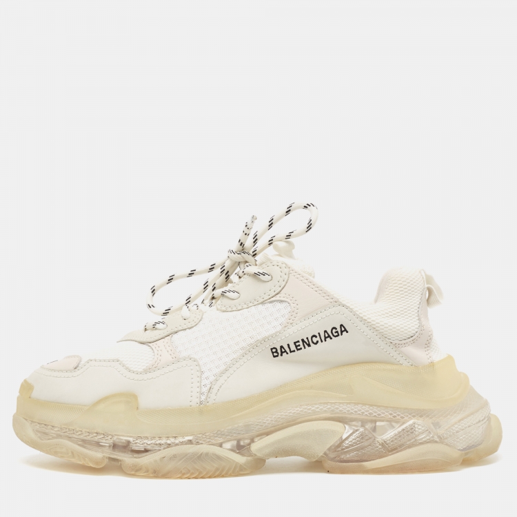 Pre Owned Balenciaga Grey/White Faux Leather and Mesh Triple S Sneakers Size 42