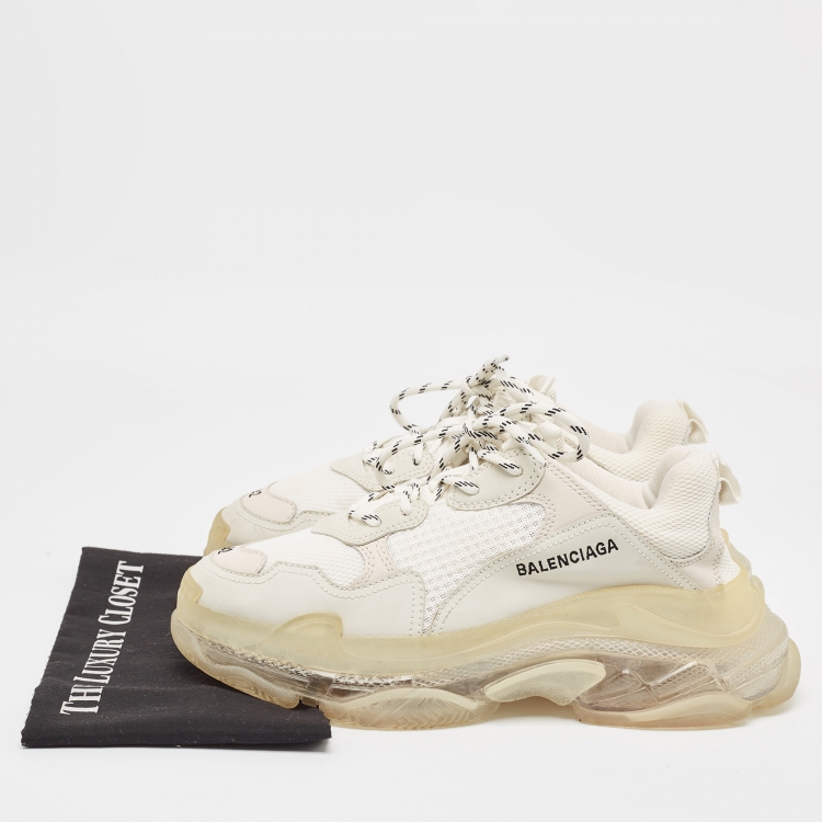 Pre Owned Balenciaga Grey/White Faux Leather and Mesh Triple S Sneakers Size 42