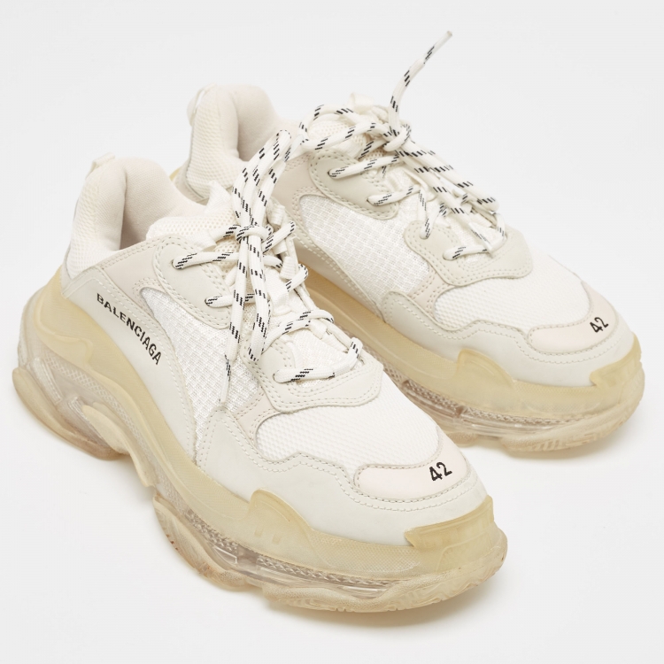 Pre Owned Balenciaga Grey/White Faux Leather and Mesh Triple S Sneakers Size 42