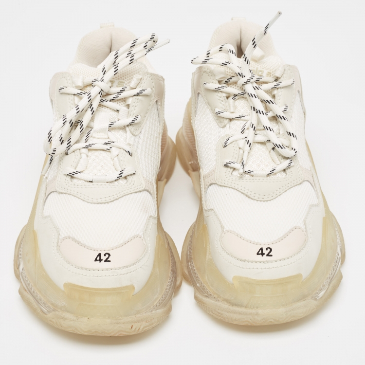 Pre Owned Balenciaga Grey/White Faux Leather and Mesh Triple S Sneakers Size 42