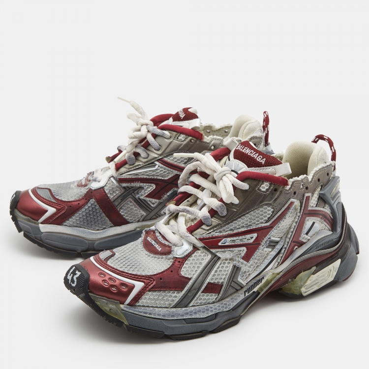 Pre Owned Balenciaga Grey/Burgundy Mesh And Faux Leather Runner Sneakers Size 43