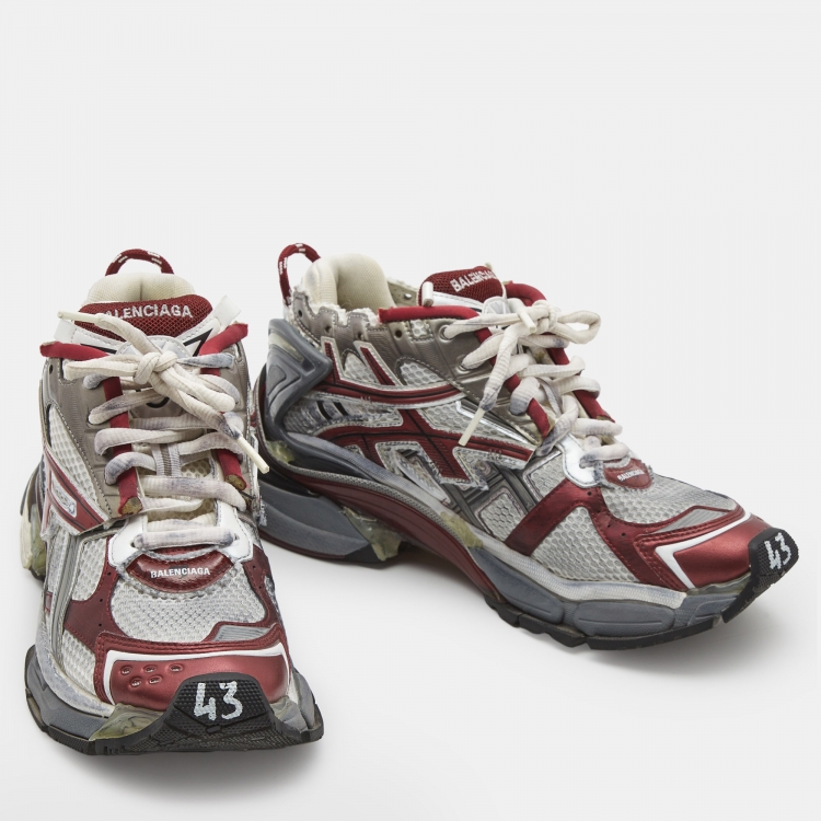 Pre Owned Balenciaga Grey/Burgundy Mesh And Faux Leather Runner Sneakers Size 43