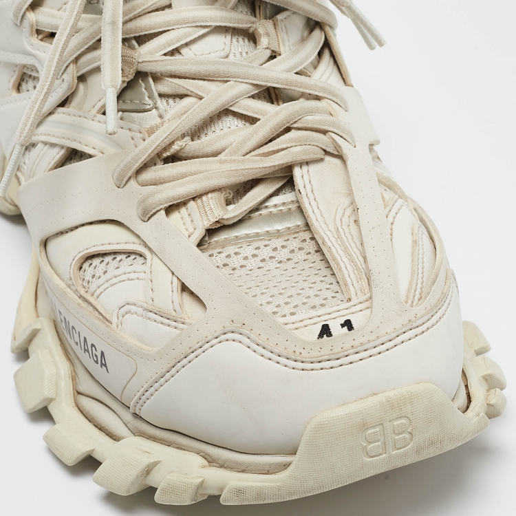 Pre Owned Balenciaga White Faux Leather and Mesh Track Sneakers Size 41