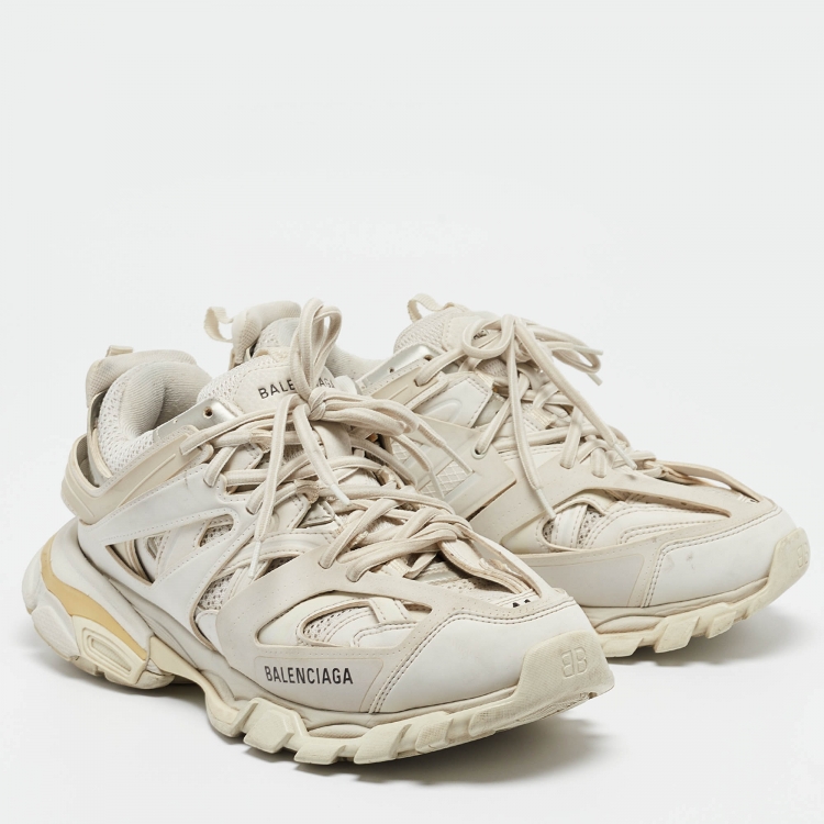 Pre Owned Balenciaga White Faux Leather and Mesh Track Sneakers Size 41
