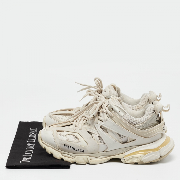Pre Owned Balenciaga White Faux Leather and Mesh Track Sneakers Size 41