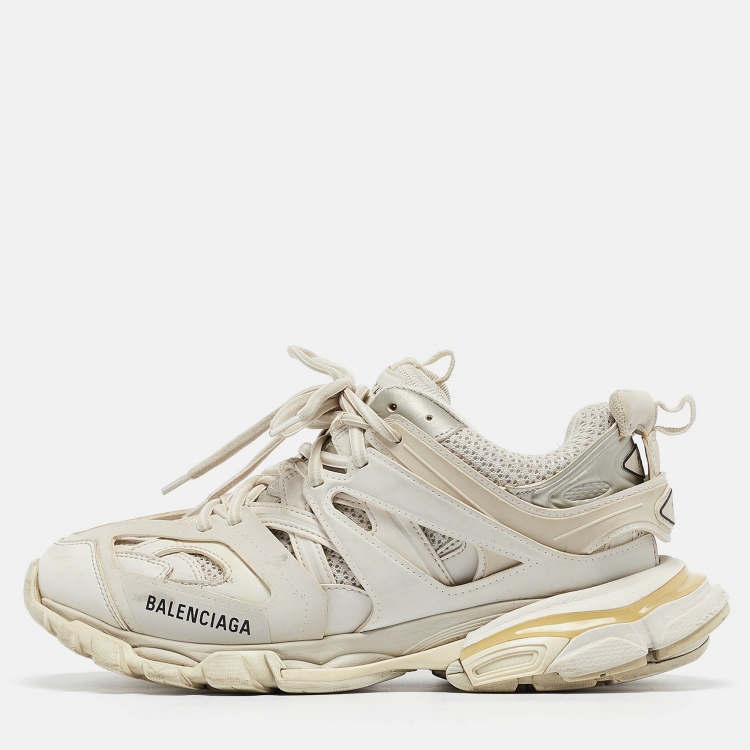 Pre Owned Balenciaga White Faux Leather and Mesh Track Sneakers Size 41