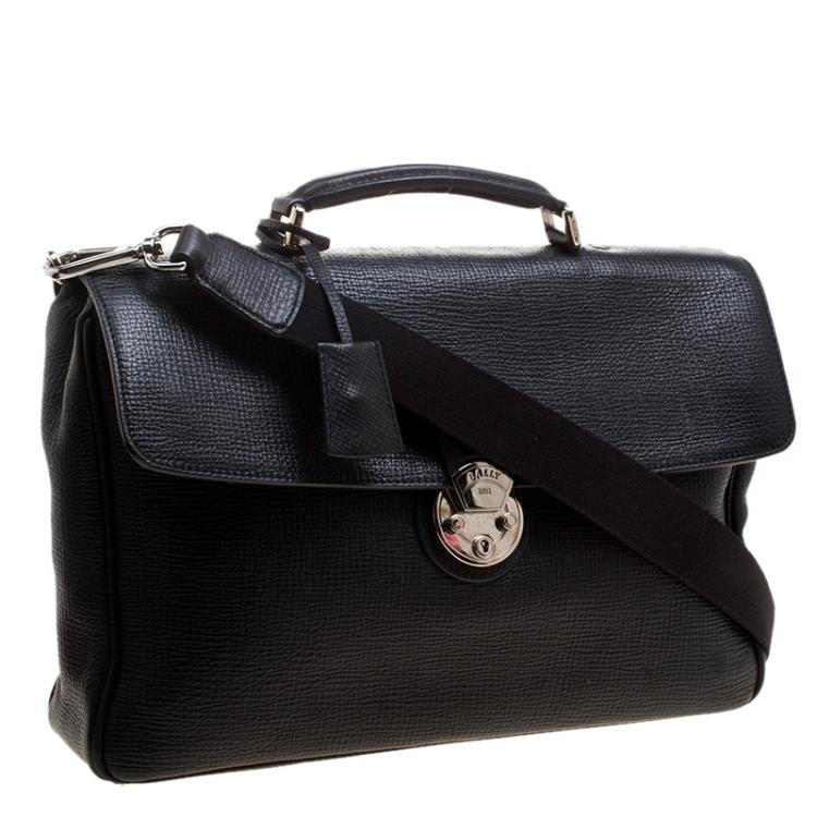 Pre Owned Bally Black Textured Leather Briefcase Laptop Bag