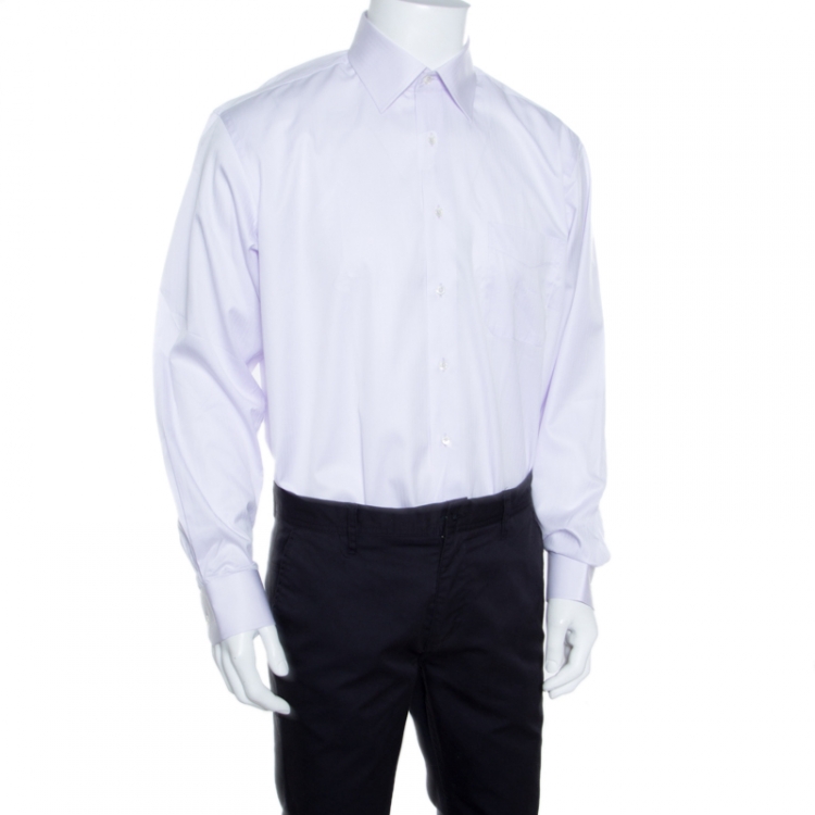 Pre Owned Balmain Purple Striped Cotton Long Sleeve Compact Spun Yarn Two Ply Shirt L