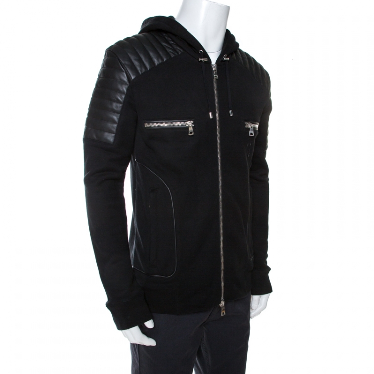 hud ubehagelig karakterisere Balmain Black Knit Leather Trim Zip Front Hooded Jacket XL Balmain | TLC