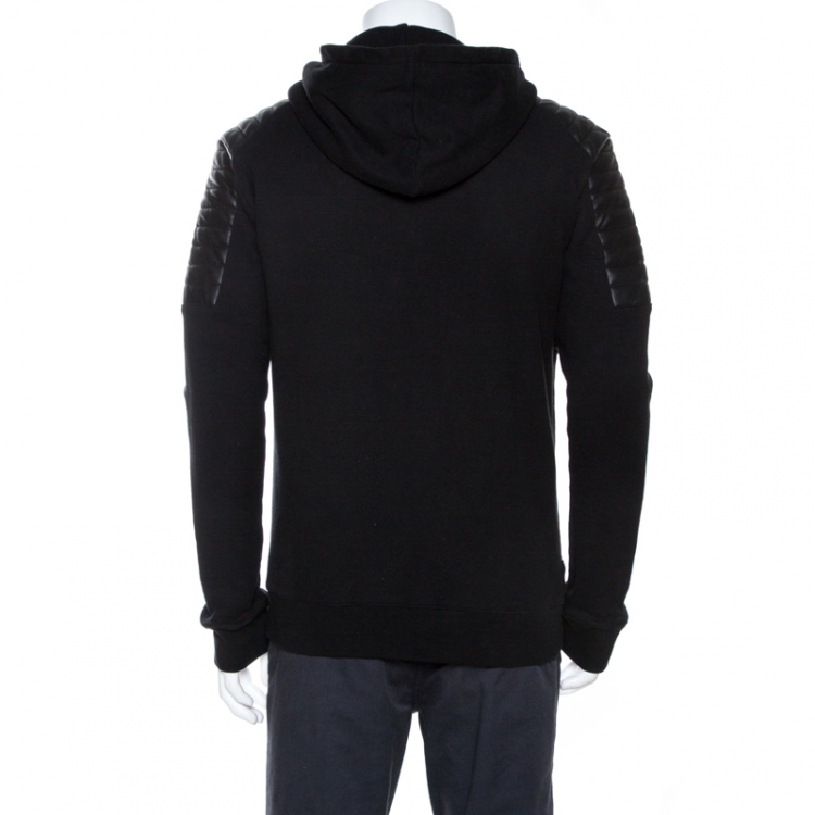 Pre Owned Balmain Black Knit Leather Trim Zip Front Hooded Jacket XL