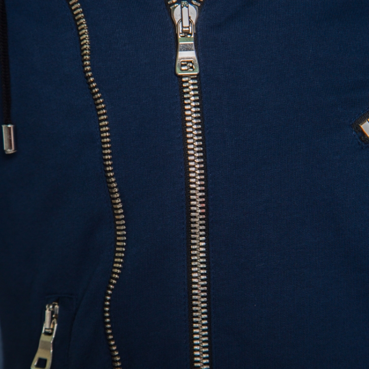 Pre Owned Balmain Navy Blue Jersey Zip Detail Hooded Bomber Jacket M
