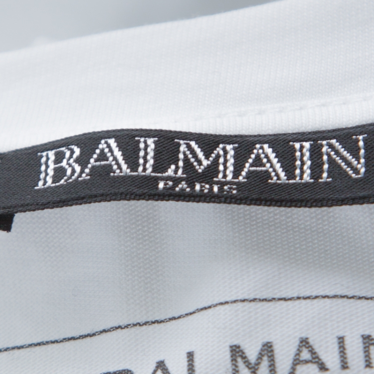 Pre Owned Balmain White Cotton Logo Print Shoulder Button Detail Full Sleeve T-Shirt L
