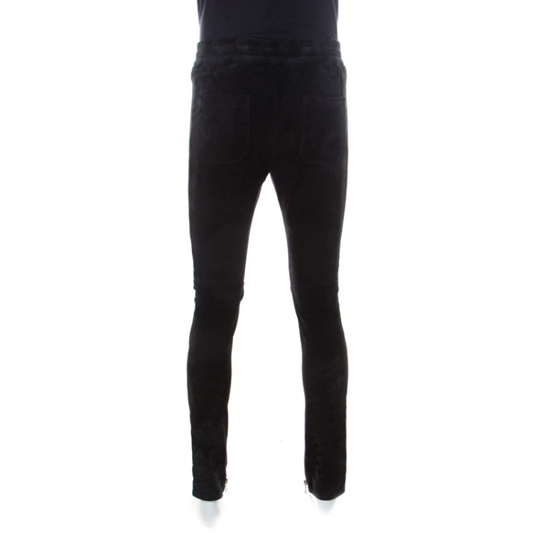 Pre Owned Balmain Black Lambskin Leather Ribbed Panel Detail Moto Pants L