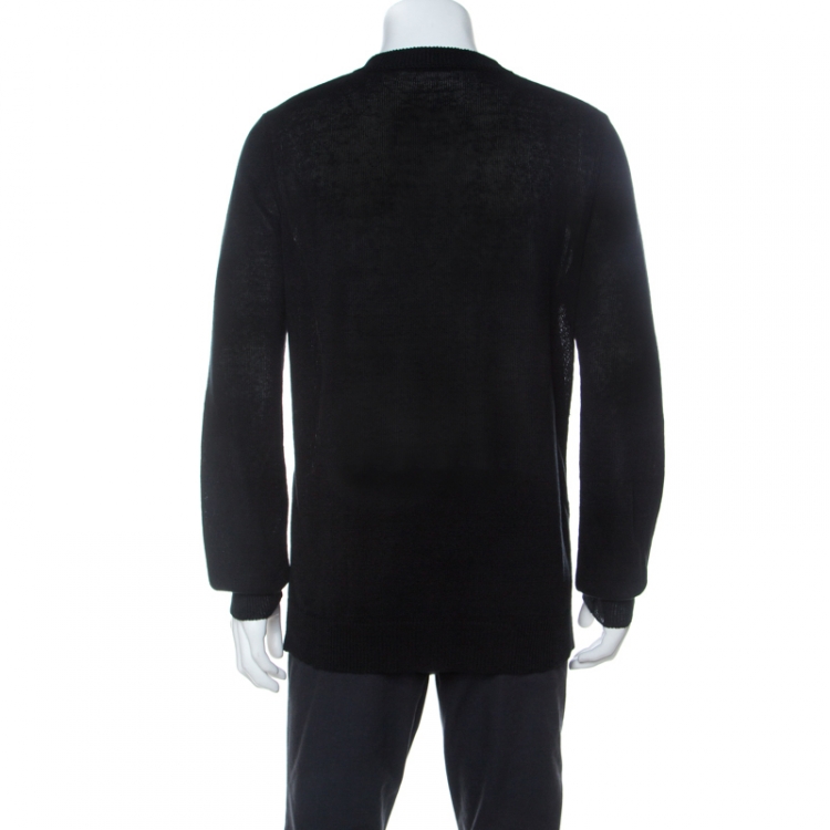 Pre Owned Balmain Black Linen Knit Logo Signature Printed Sweater L