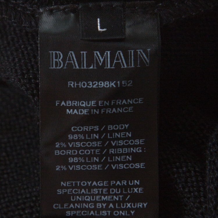 Pre Owned Balmain Black Linen Knit Logo Signature Printed Sweater L
