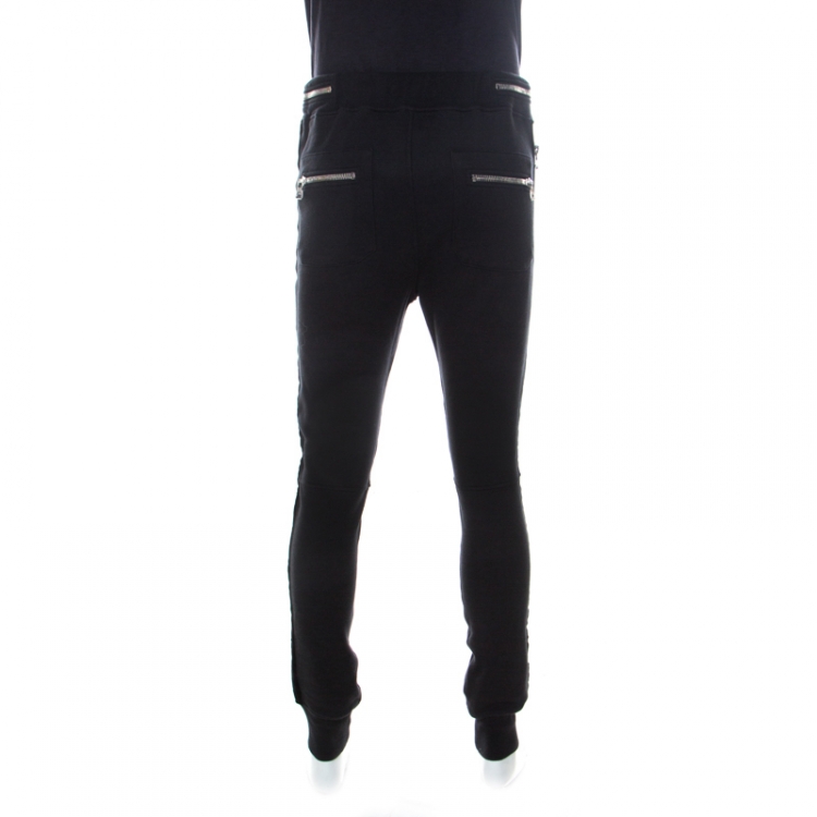Pre Owned Balmain Black Cotton and Velvet Side Paneled Biker Jogger Pants L