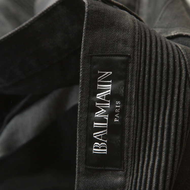 Pre Owned Balmain Grey Cotton Denim Biker Jeans L