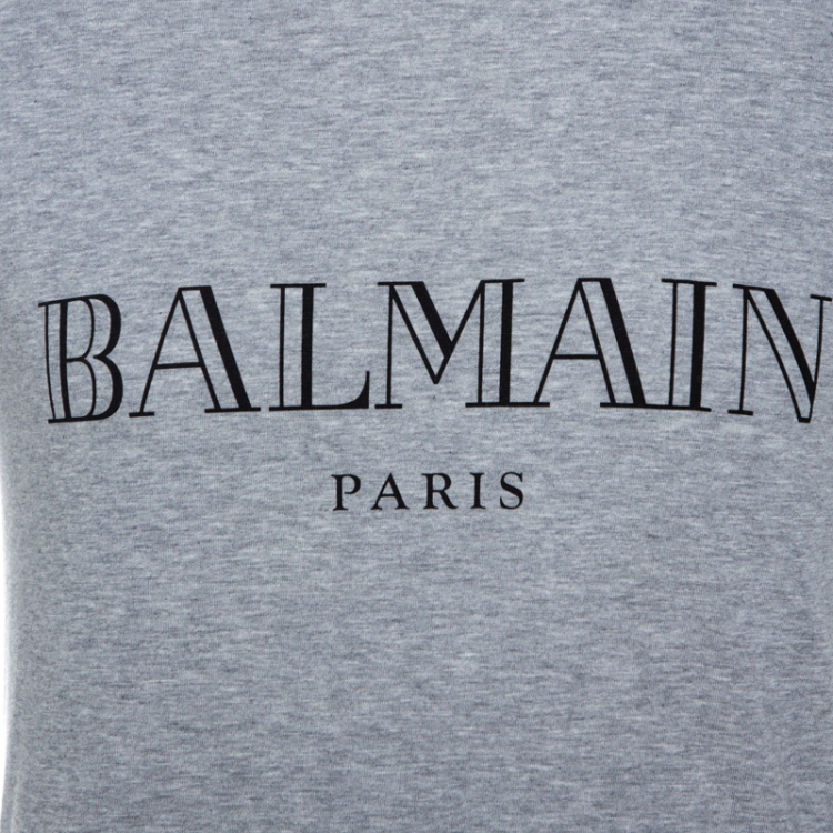 Pre Owned Balmain Grey Logo Print Cotton Crew Neck T-Shirt S