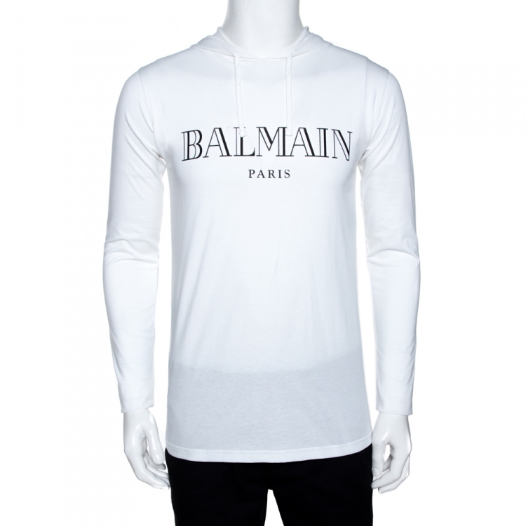 Rummet Rubin stang Balmain White Logo Print Cotton Long Sleeve Hooded T-Shirt S Balmain | TLC