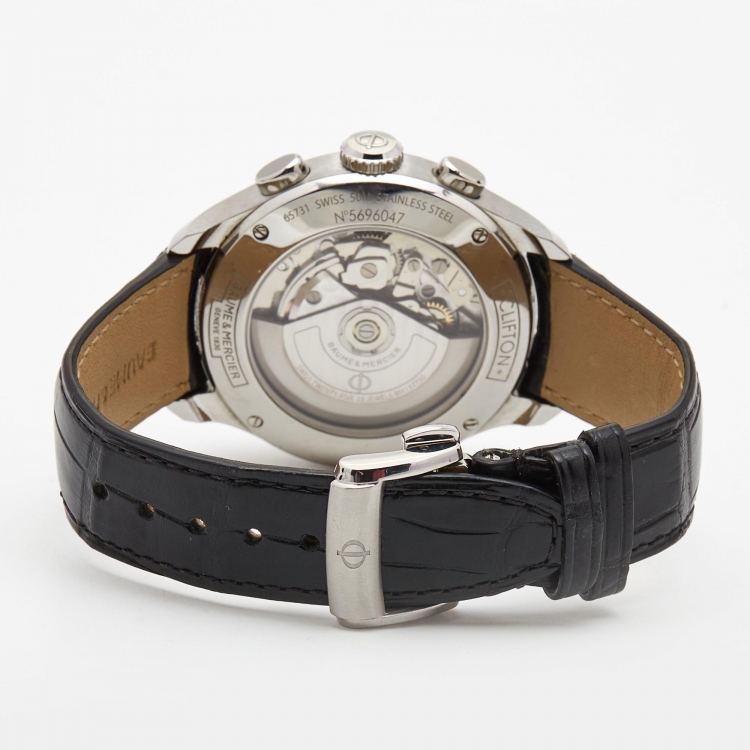 Pre Owned Baume & Mercier Black Stainless Steel Leather Clifton A10211 Men's Wristwatch 43 mm 