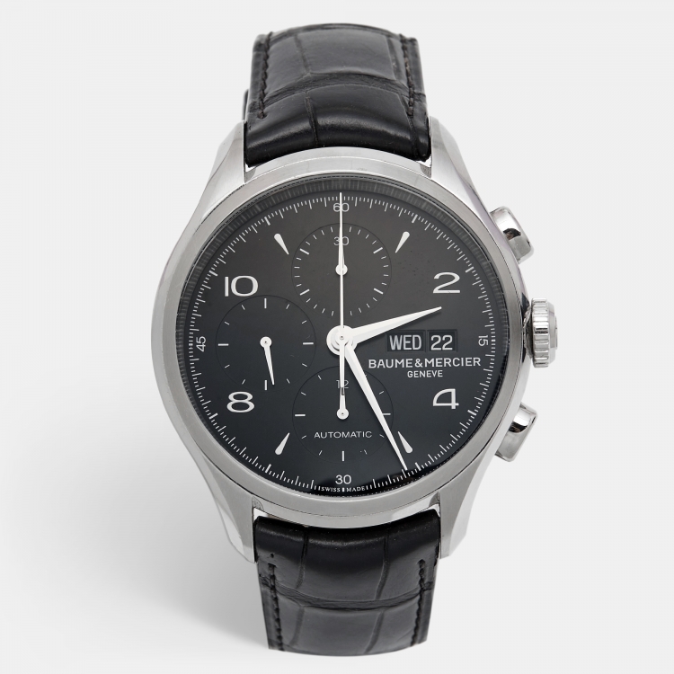 Pre Owned Baume & Mercier Black Stainless Steel Leather Clifton A10211 Men's Wristwatch 43 mm 