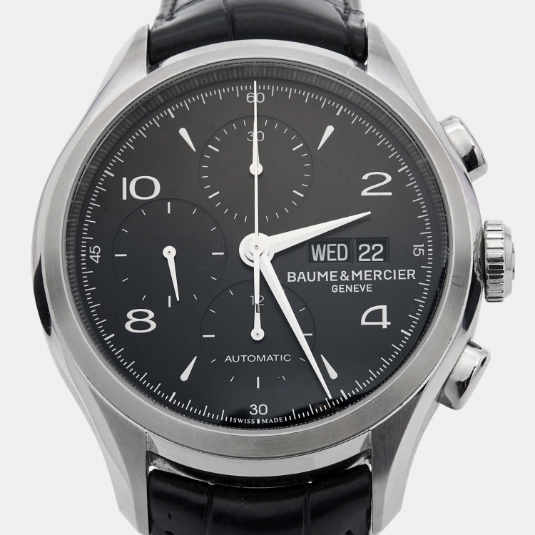 Pre Owned Baume & Mercier Black Stainless Steel Leather Clifton A10211 Men's Wristwatch 43 mm 