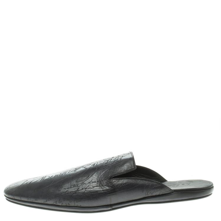 Pre Owned Berluti Black Leather Cyrus Slides Size 45